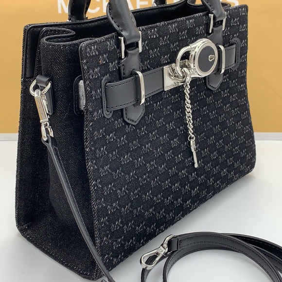 Michael Kors Hamilton Small Logo Embossed Washed Denim Satchel black color - Picture 4 of 15